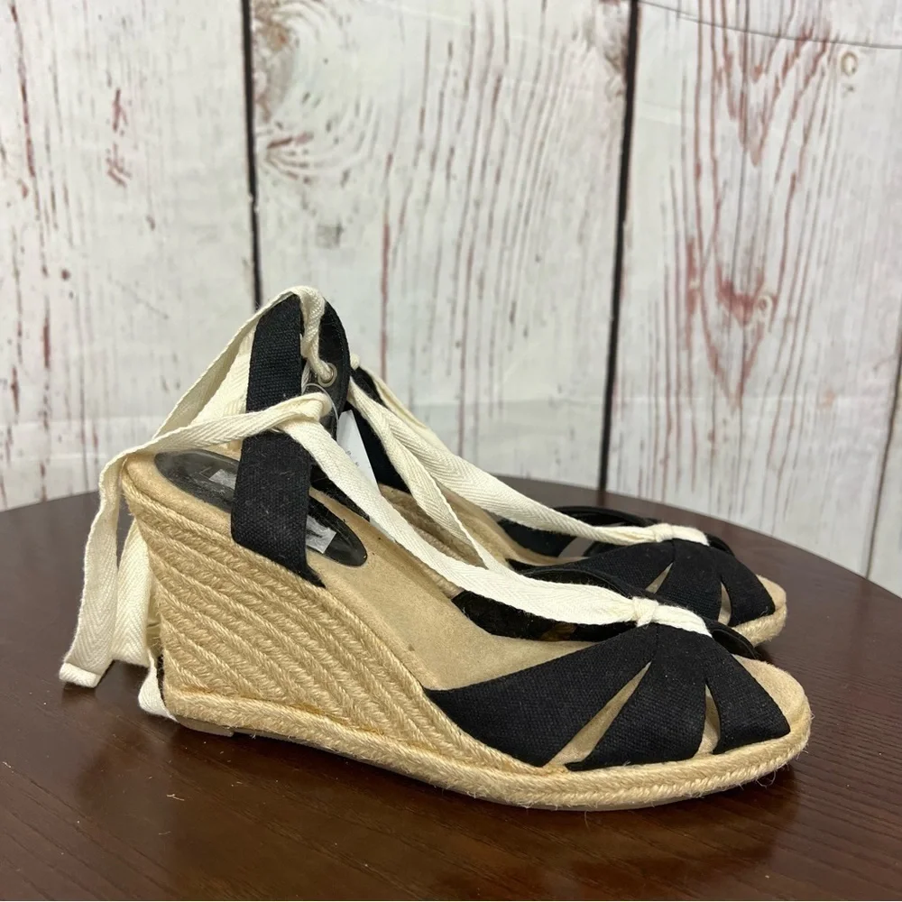 ANN TAYLOR LOFT Stylish Black Espadrille Wedge Wrap around Sandals Size 7